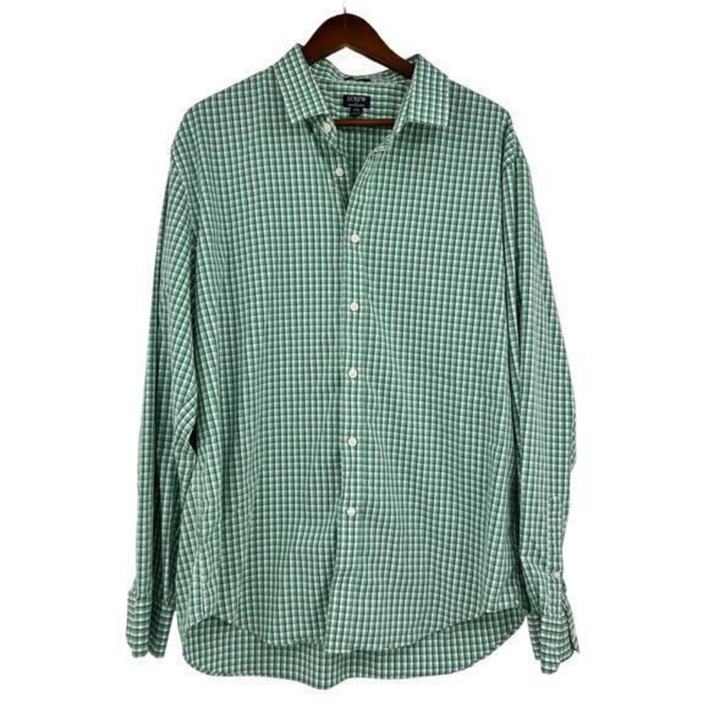 J Crew Men’s Plaid Performance dress shirt green & white button down #AS989 XXL